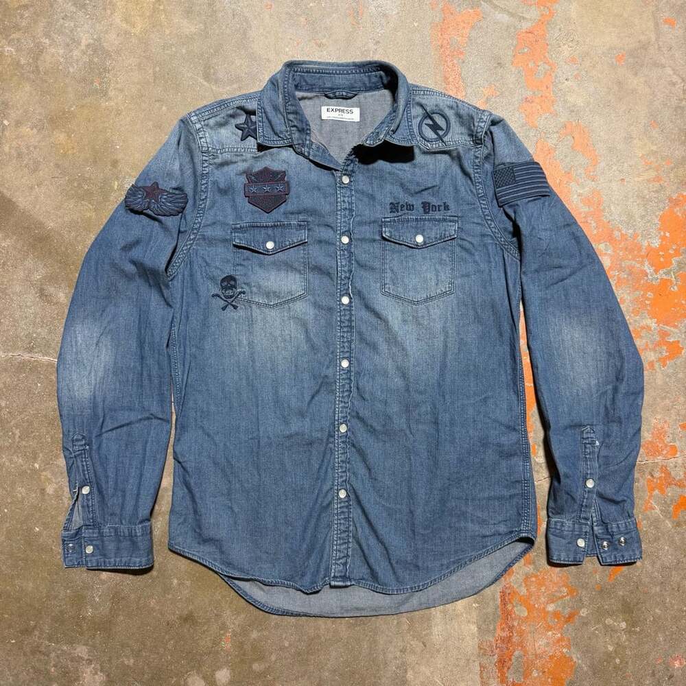 Express Men Patched Long Sleeve Denim Western Shirt Size M